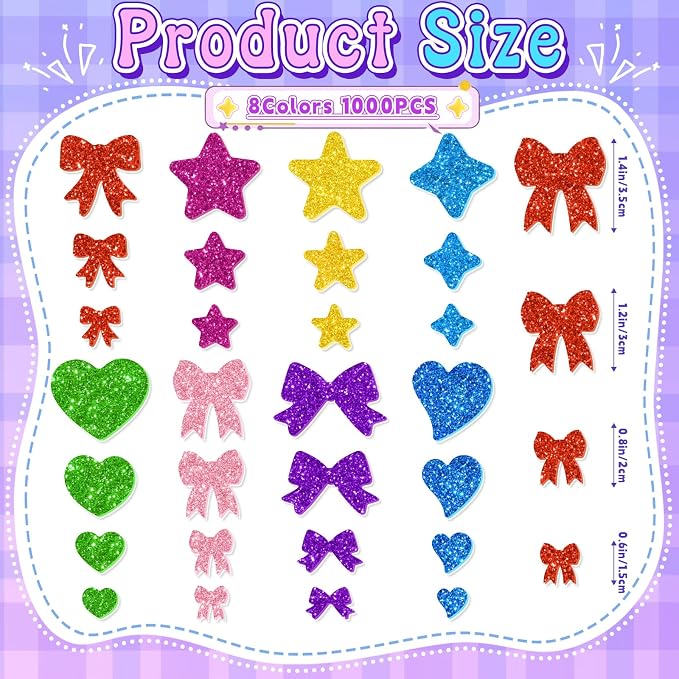 1000PCS Glitter Foam Stickers, Colorful Heart & Bow Stickers, Self-Adhesive