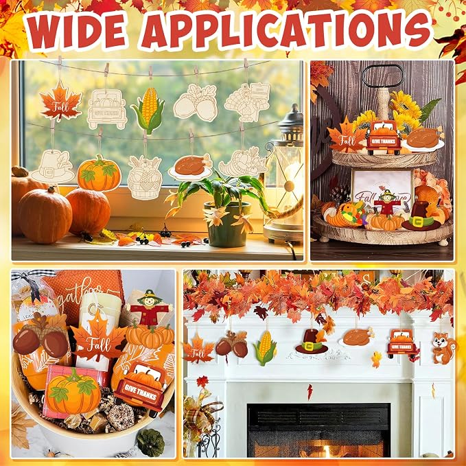 36PCS Wooden Thanksgiving Decoration Fall Ornaments to Paint Happy Thanksgiving