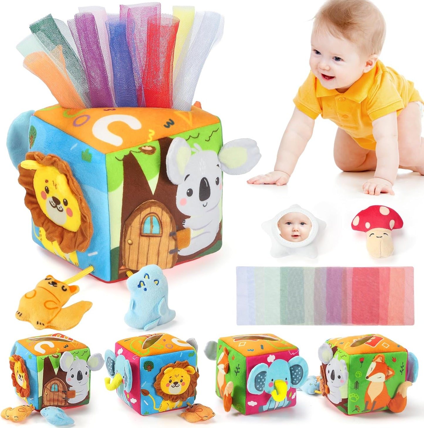 Baby Tissue Box Toy - Baby Toys 6-12 Months Montessori Toys for 6 Month Old with Squeaking Toy Cat, Rattle, Silk Scarves, Safety Mirror, for 1 Year Old - Boy Girl Gifts for Babies 6 9 12 18 Months Old