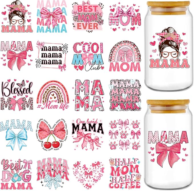 Rngmsi 20 Sheets Mom UV DTF Cup Wrap, Mama Waterproof Cold UV DTF Stickers |