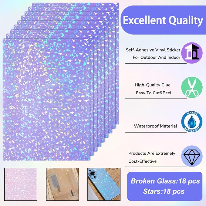 Clabby 36 Sheets Holographic Sticker Paper A4 Vinyl Holographic Laminate Sheets