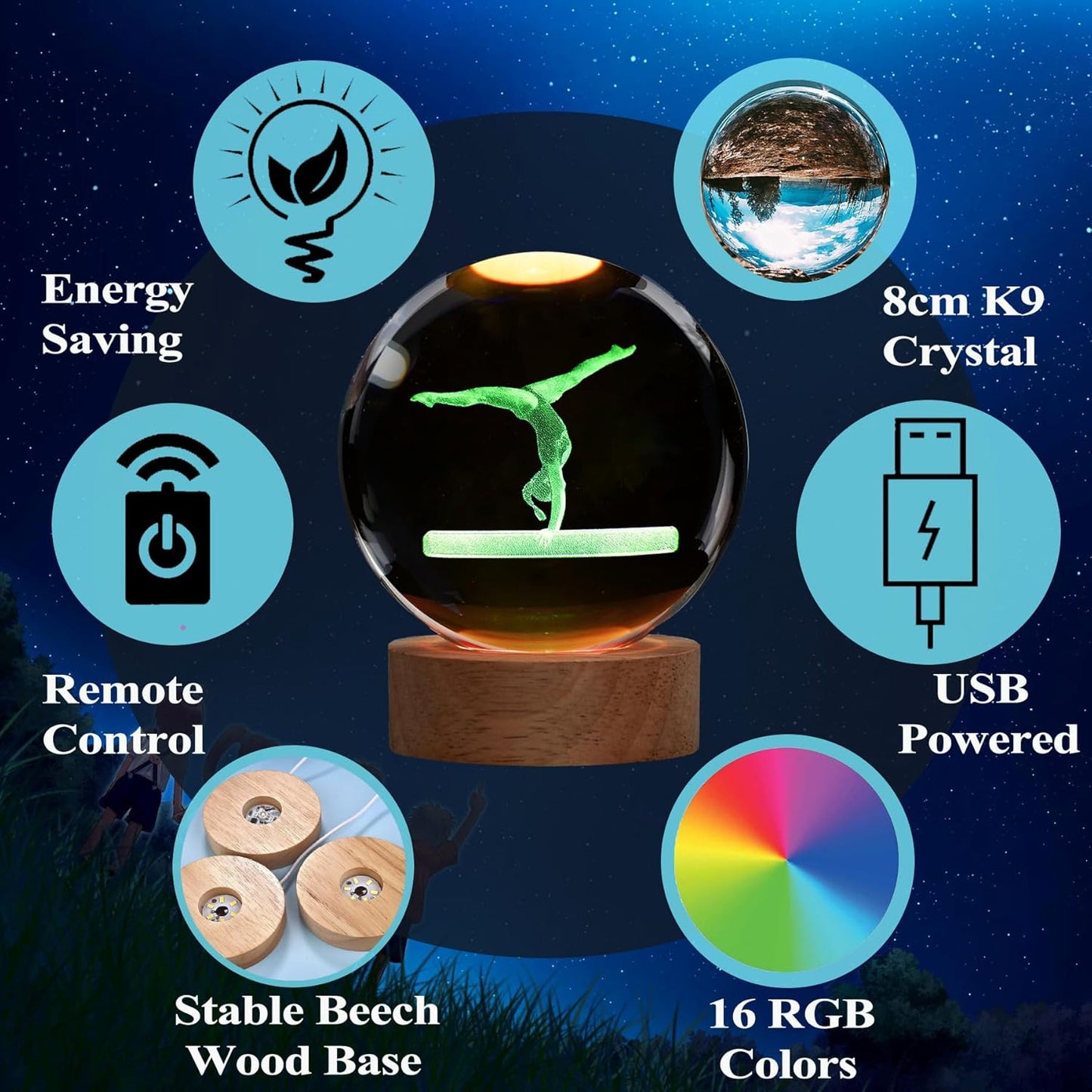 Gymnastics Night Light, Gymnastics Gifts for Girl, Gymnastics 3D (3.15 in) Crystal Ball Night Light with Remote Upgraded Lamps with 16 Color for Birthday Xmas Cool Room Decor for Boys Girls