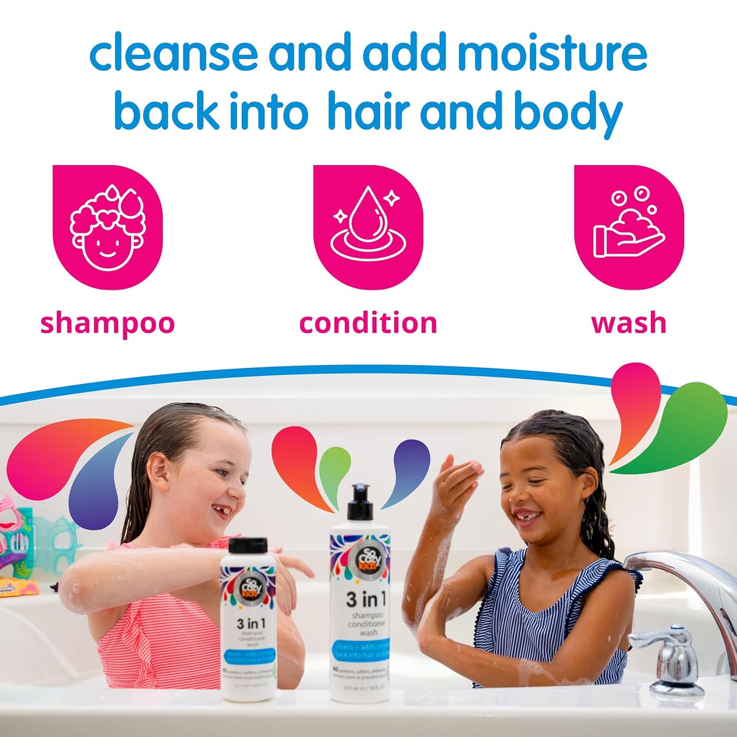 SoCozy 3 in 1 Kids Shampoo + Conditioner + Body Wash (16 Fl Oz) Gentle, Hydrating Hair & Body Cleanser with Keratin, Vitamin B5, & Kiwi Extract, Paraben & Sulfate-Free