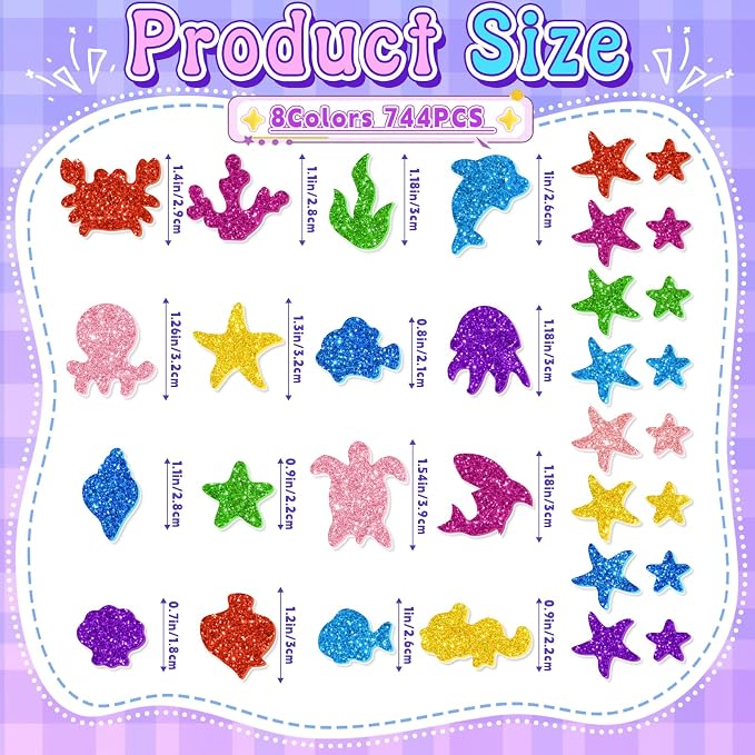 744PCS Glitter Foam Stickers, Colorful Sea Animal Stickers, Self-Adhesive Foam