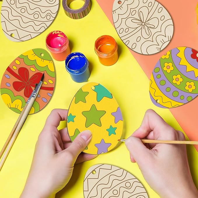 36PCS Wooden Easter Ornaments to Paint, 6 Styles DIY Blank Unfinished Wood Egg