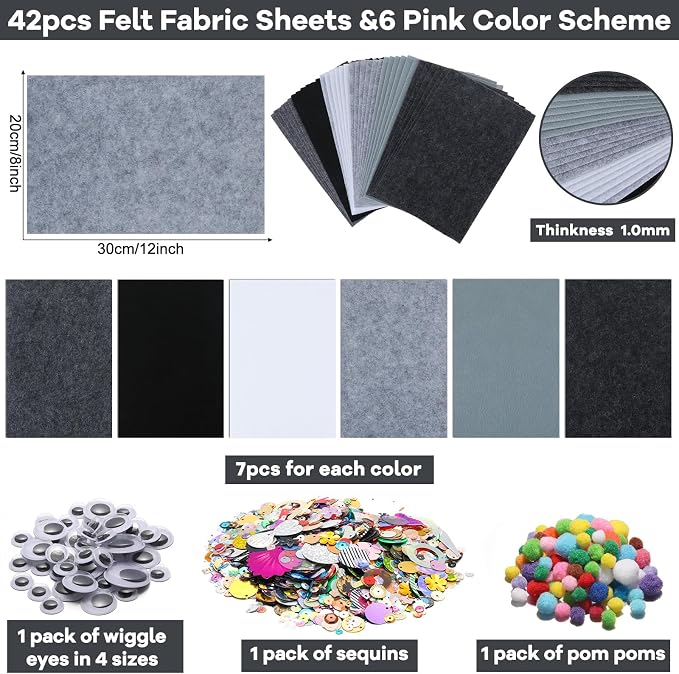 42Pcs Black Gray Fabric Sheets 8 x 12 Inch Assorted Soft Black Gray White Thick