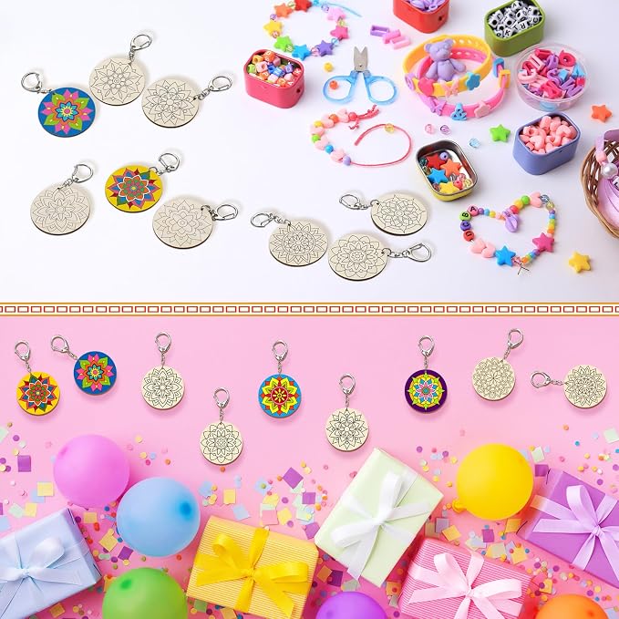 RattanView 24 Pcs Mandala Craft Color Your Own Keychains DIY Craft Wooden Blank
