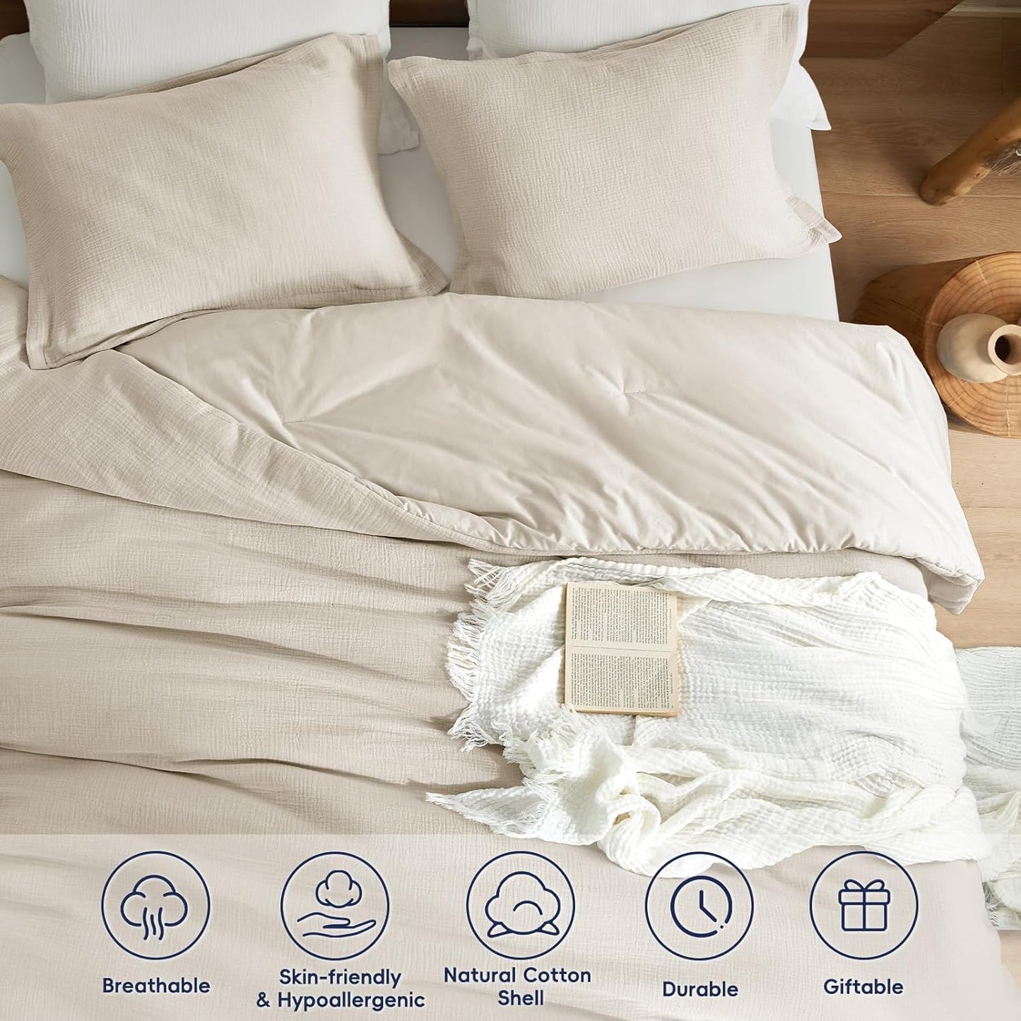 PHF Cotton Muslin Comforter Set Queen Size – Ultra Soft, Breathable & Lightweight Bedding Set for All Seasons, 3 Pieces - 1 Comfy Comforter 90"x90", 2 Pillow Shams 20"x26", Natural