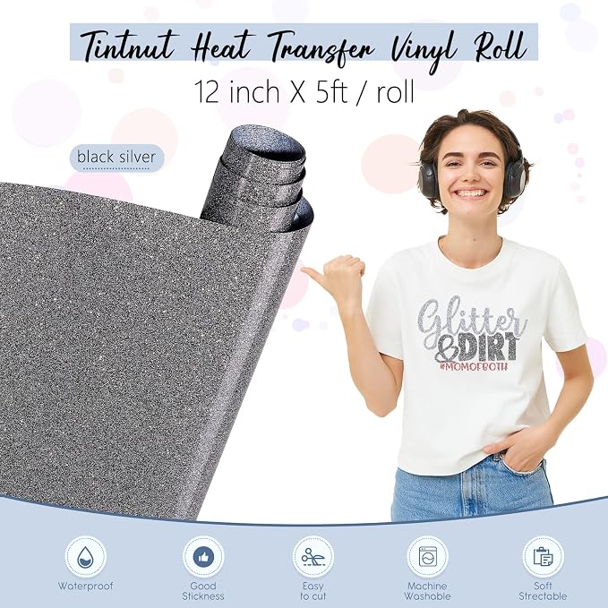 Tintnut Black Silver Glitter Heat Transfer Vinyl Roll, easy cut & weed