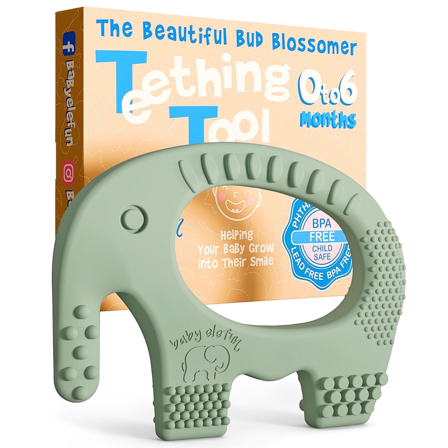 Baby Elefun Baby Teething Toys 5X Pain Relief Zero-Delay 0-6 Months Olive