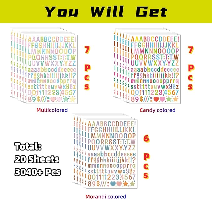 3040Pcs 20 Sheets Small Letter Number Stickers, 1/2inch Colorful Self-Adhesive
