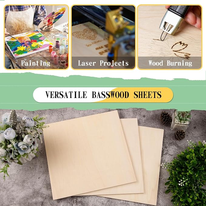24 Pack 12 x 12 x 1/4 Inch-6mm Thick Basswood Sheets