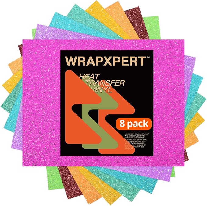 WRAPXPERT Neon Glitter HTV Heat Transfer Vinyl Bundle, 8 Packs Glitter Iron on