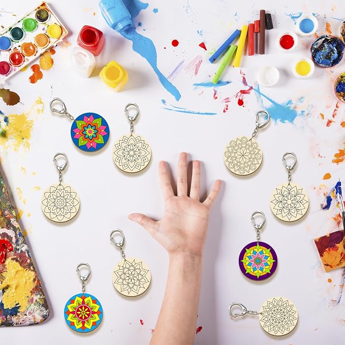 RattanView 24 Pcs Mandala Craft Color Your Own Keychains DIY Craft Wooden Blank