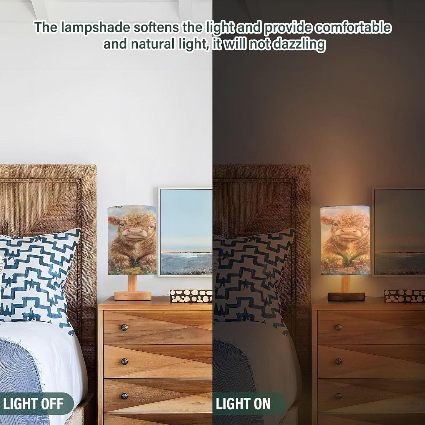 Highland Cow Flowers Table Lamp Bedroom Bedside Night Reading Desk Lamps Cylinder Nightstand Sleeping Light Lamp for Kids Living Room Office Decor
