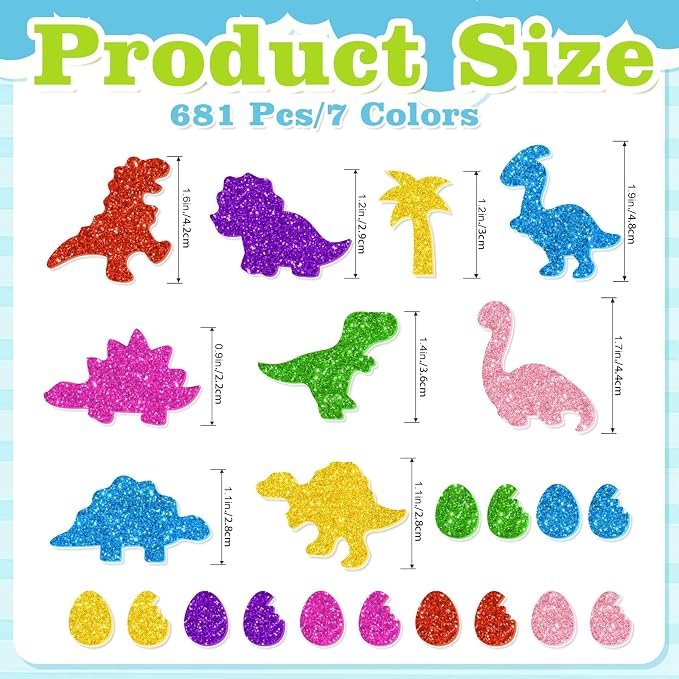 681 Pcs Glitter Foam Stickers, Dinosaur Shapes Stickers, 7 Sheets Colorful 3D