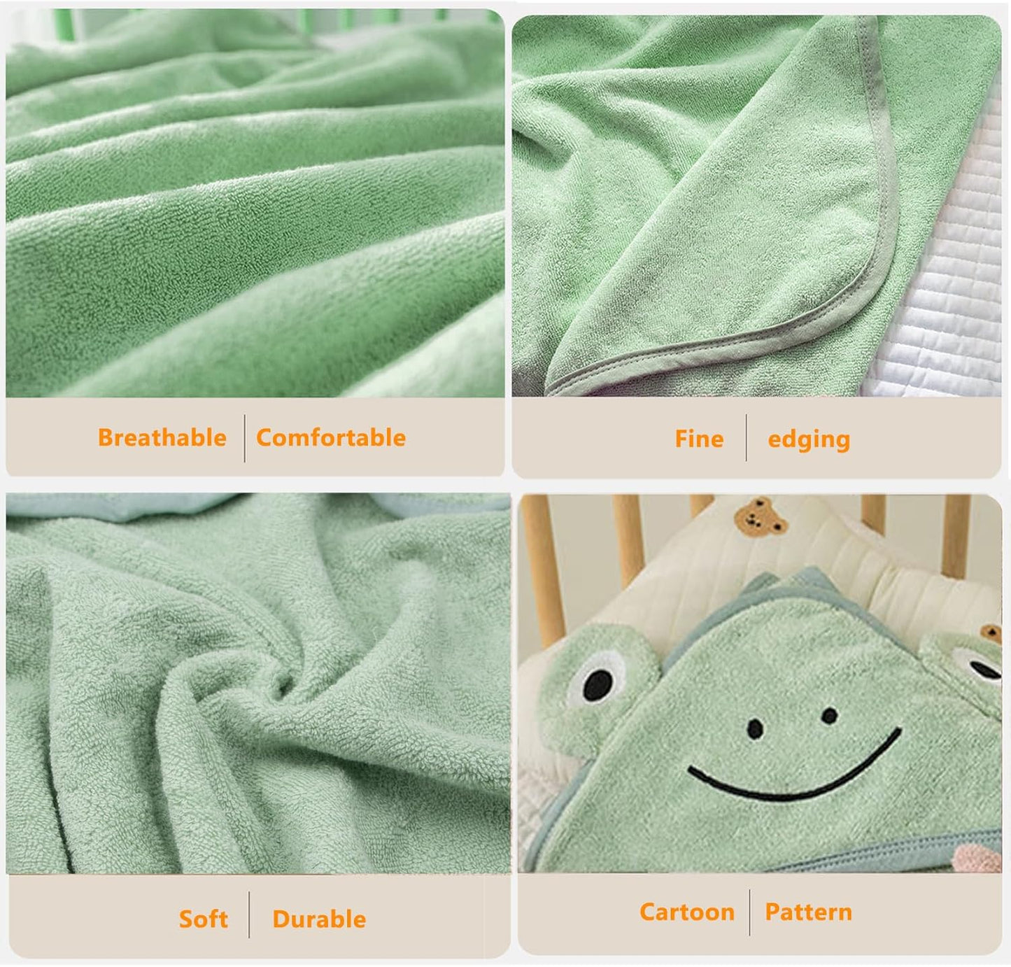 ROMASA Baby Bath Towel with Hooded Cute Design Ultra Soft Thick Cotton Bath Towel Shower Gift for Newborn,35X35 inches (Green)