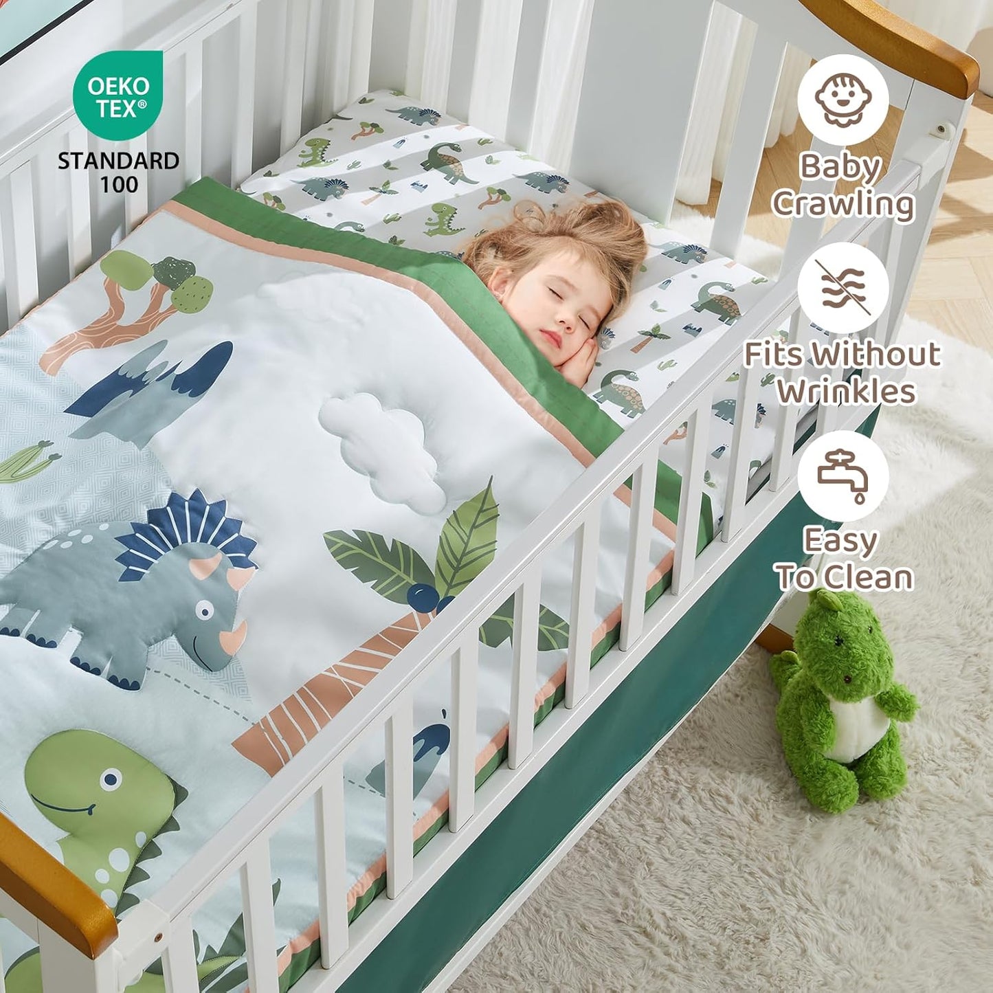 Wowelife Dinosaur Crib Bedding Set for Boys Green, Premium 3-Piece Baby Bedding Set, Nursery Crib Set, Newborn, Infant & Toddler Nursery Bed Set, Green Dinosaur