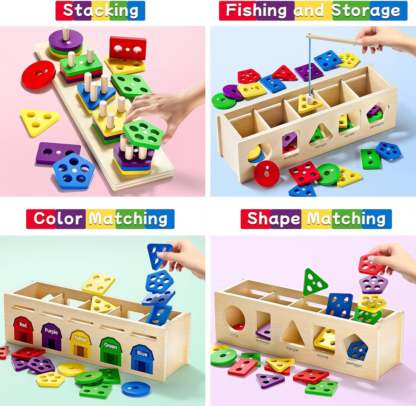 Montessori 4 in 1 Wooden Sorting Shape Sorter and Stacking Toy Box Color Matching Counting Fishing Game Preschool Educational Toys for 3 Years Boys and Girls Gifts