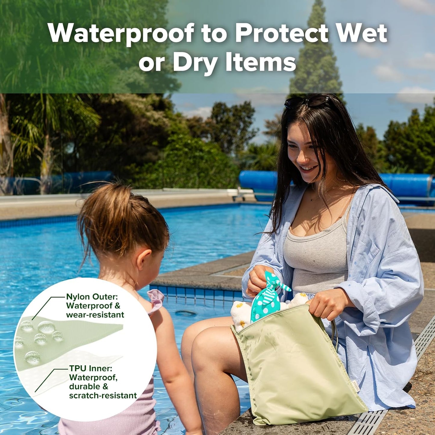 haakaa Waterproof Wet Bags for Baby, Wet Dry Bags for Diaper Bag, Travel, Swimsuit, Beach, Pool, Pump Parts, Stroller, Daycare,Yoga, Grass, 1pc