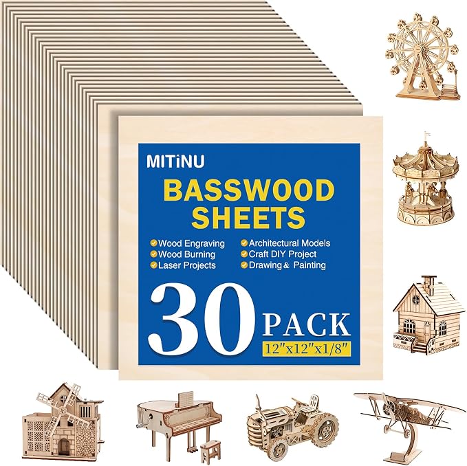 30 Pack Basswood Sheets for Crafts, Wood Burning, Architectural Models