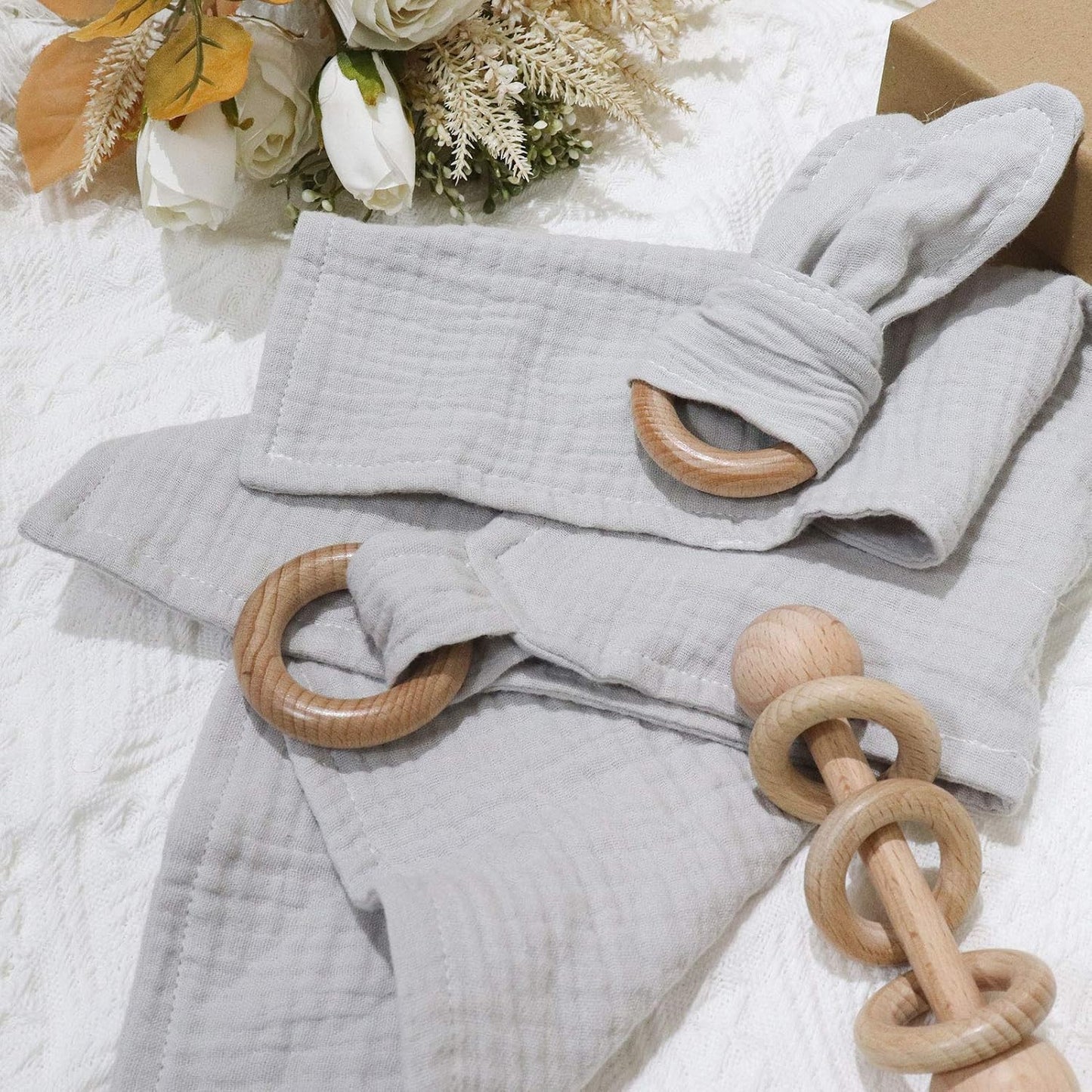 Baby Lovey, Wood Rattle, Teether Ring, 3 Pack Montessori Gift, Gray, Cotton, Double Gauze, Baby Shower, Gender Neutral Gift