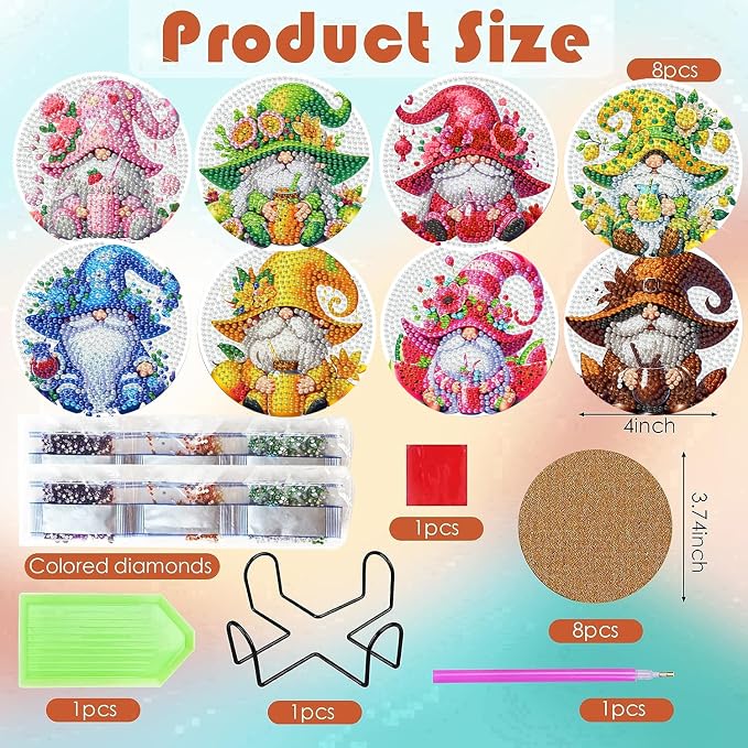 ijbnhd 8 Pack Diamond Art Coasters Kits Gnome | Diamond Painting Coasters Kit