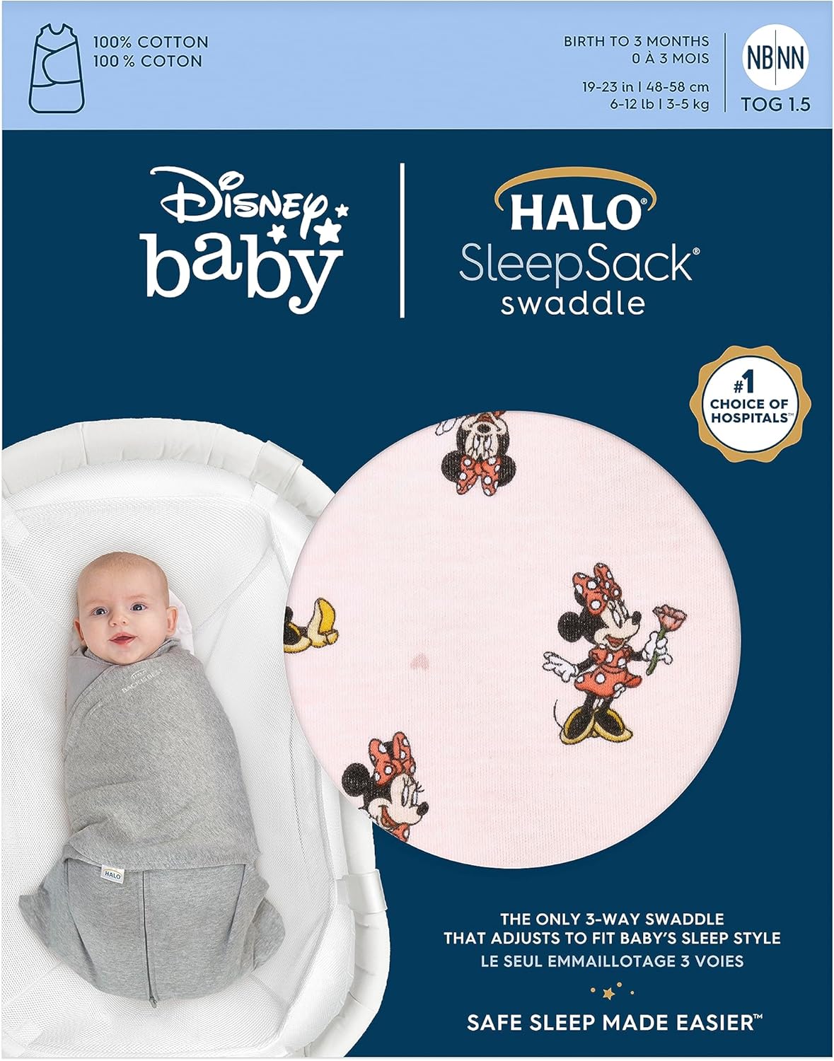 HALO Disney Baby 100% Cotton Sleepsack Swaddle, 3-Way Adjustable Wearable Blanket, TOG 1.5, Minnie Fun, Newborn, 0-3 Months