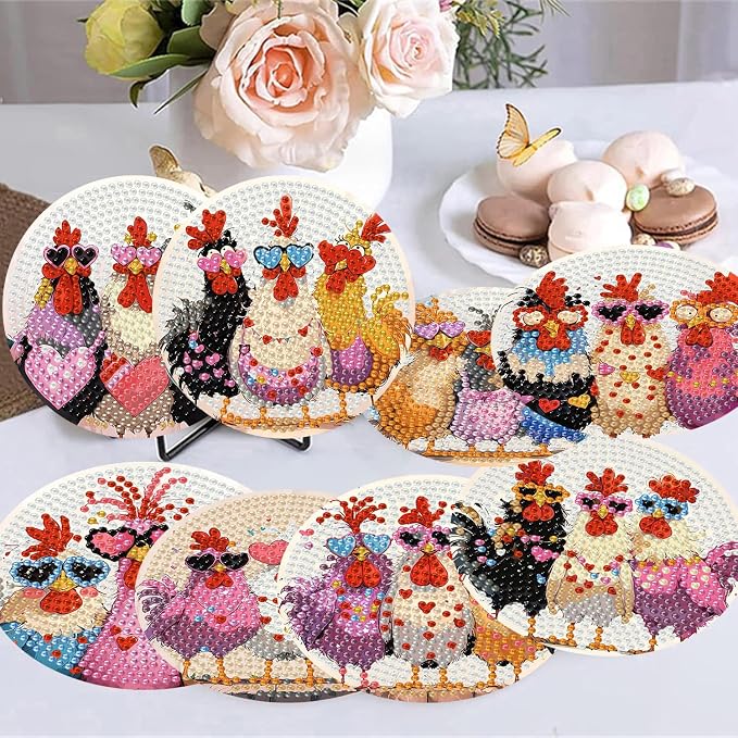 Zythron 8 Pack Diamond Art Coasters, Chicken Diamond Painting Coasters Kits |