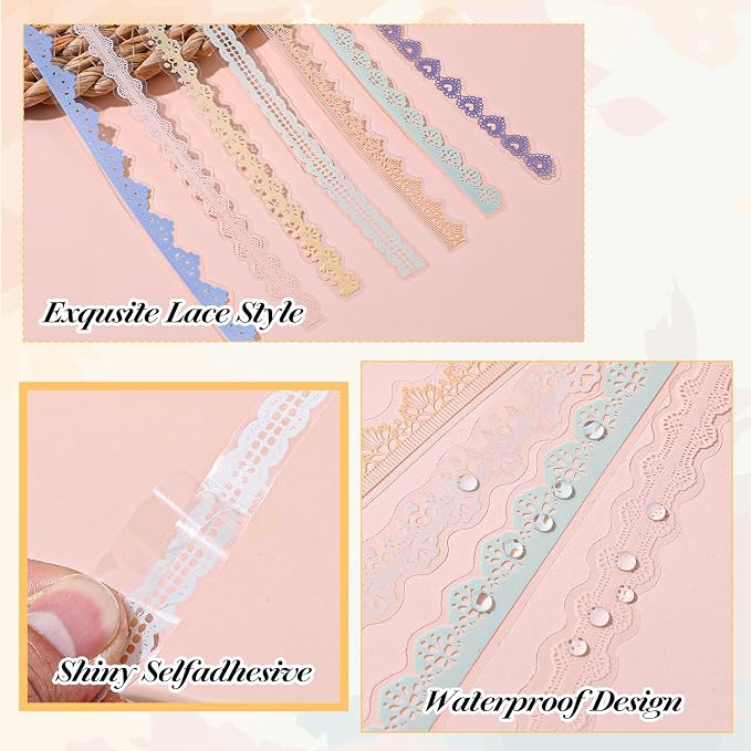 240PCS/6 Packs Lace Transparent Stickers, Vintage PET Lace Scrapbooking