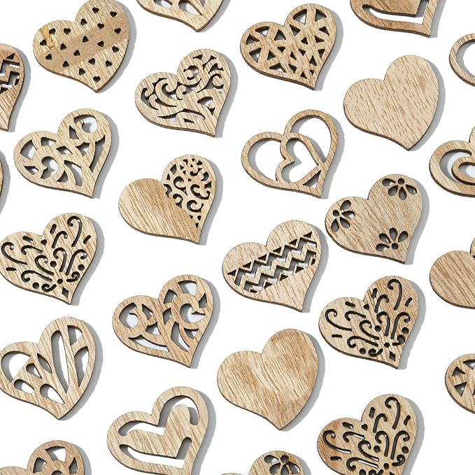 200 pcs Mixed Styles Hollow Heart Theme Unfinished Wood Cutout Charms Cute Love