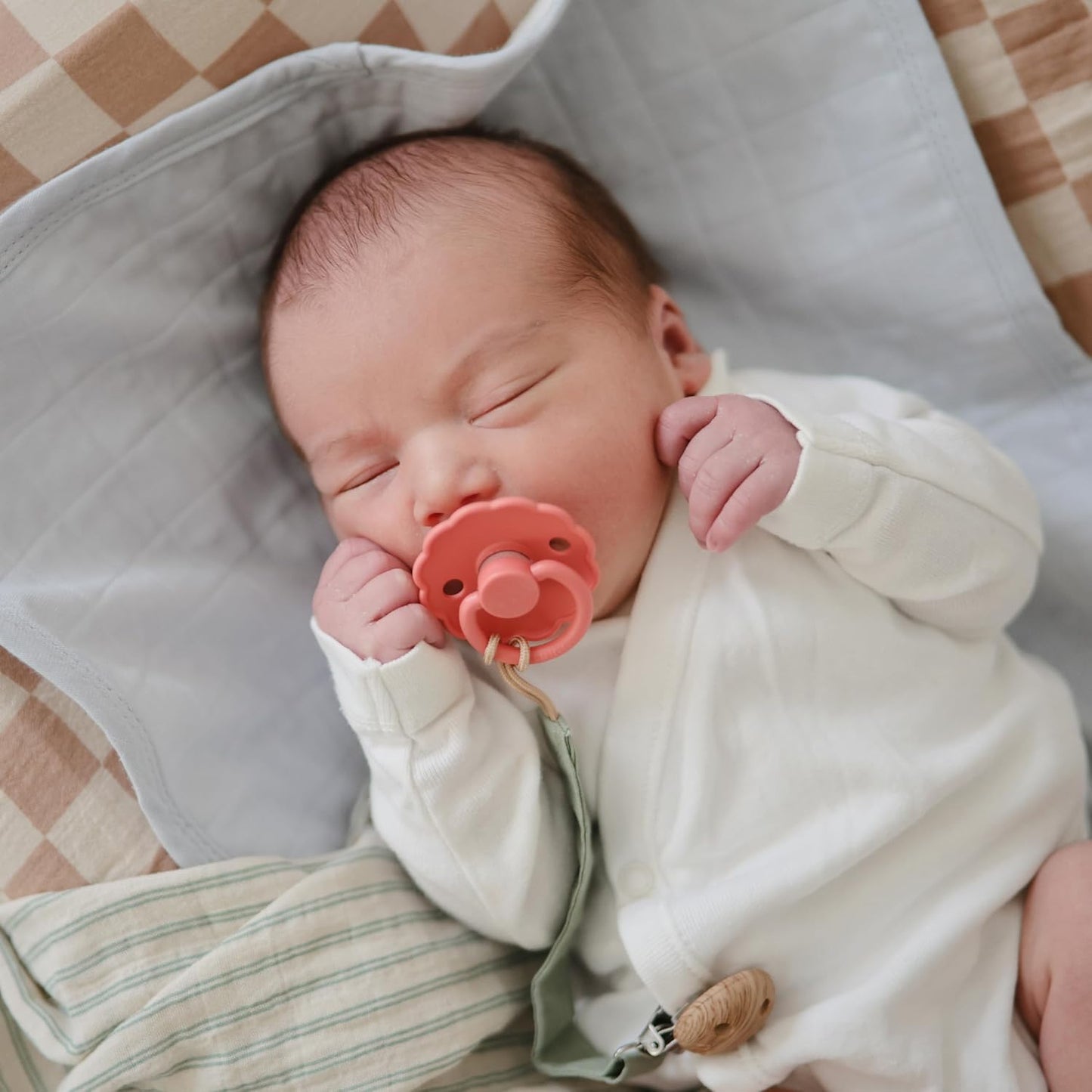 FRIGG Daisy Natural Rubber Baby Pacifier | Made in Denmark | BPA-Free (Pink Cream/Poppy, Size 1) 2-Pack