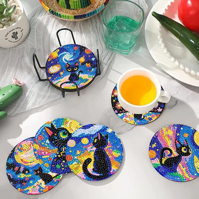 10 PCS Black Cat Diamond Art Coasters Kit