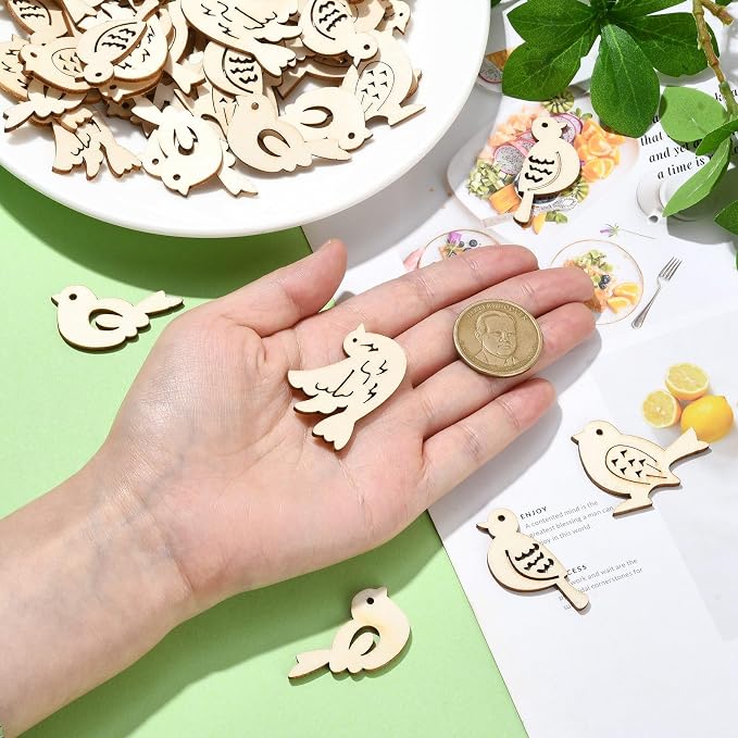 200 Pcs Unfinished Wooden Bird Cutouts Wood Animals Shapes Blank Wood Slices