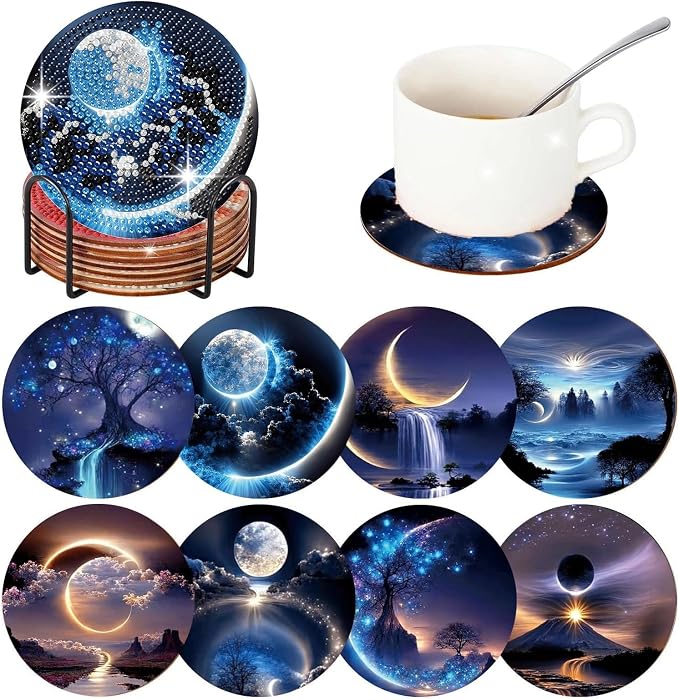 Gemozaic 8PCS Diamond Art Coasters Kit, Moon Night Landscape Diamond Painting