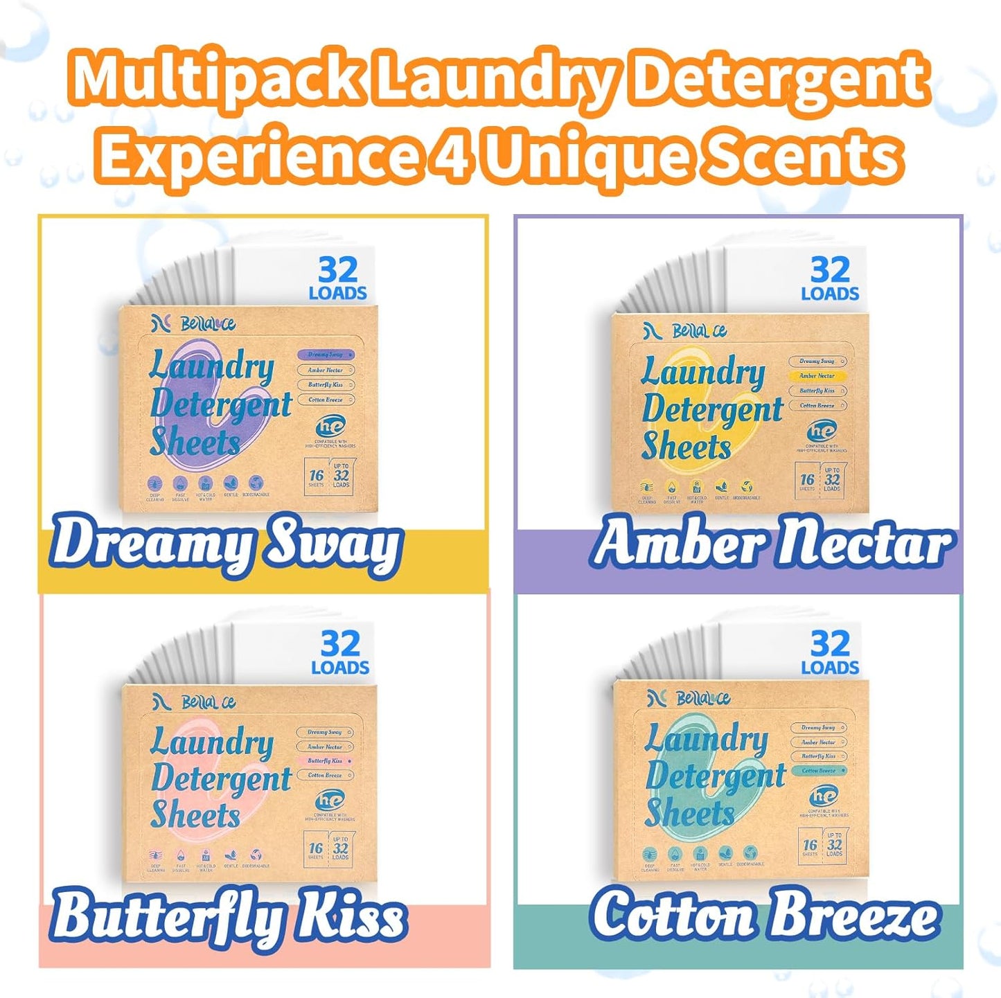 Laundry Detergent Sheets - 4 New Scented 128 Loads Travel Laundry Sheets for Dorm,College,Home,Hotel,Apartment,Camping,Ruise,Road Trip,Beach Vacation,Small Space,Family School Travel Essentials