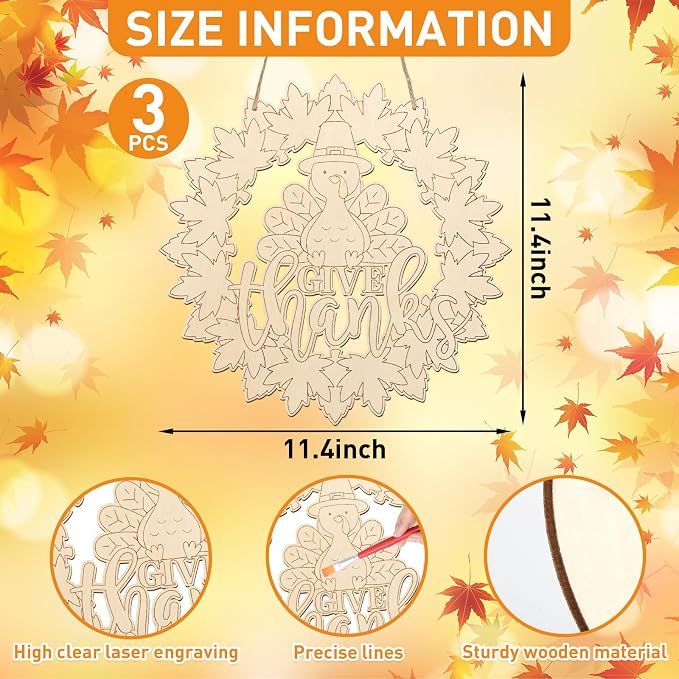 Unfinished Fall Wreaths Wood Crafts to Paint Set of 3, Unfinished Wood Cutouts
