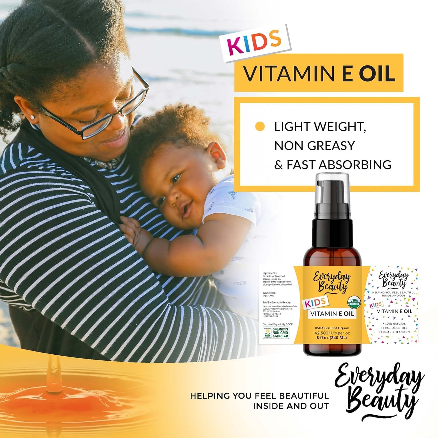Organic Vitamin E Oil - Nourishing Baby Massage Oil for Moisturizing Dry Skin - Fragrance Free & All Natural Plant Based, Lightweight Gentle Blend - 8 Fl Oz With Pump Top