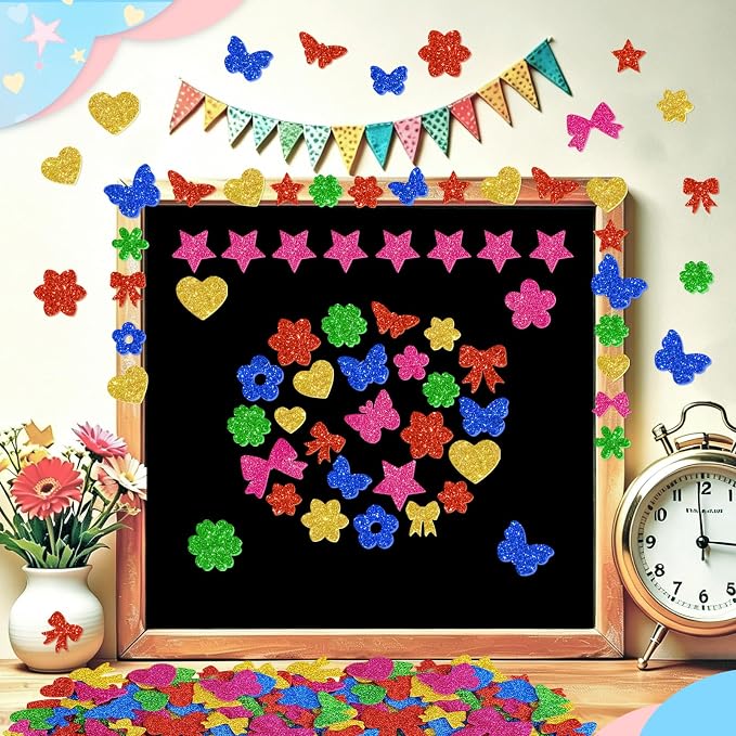500Pcs Foam Stickers Glitter Colorful Flower Butterfly Bow Shapes Stickers