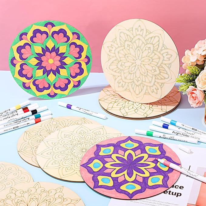 Vercraft 22 Pcs Wooden Mandala Painting Set 10 Mandala Unfinished Wood Cutouts