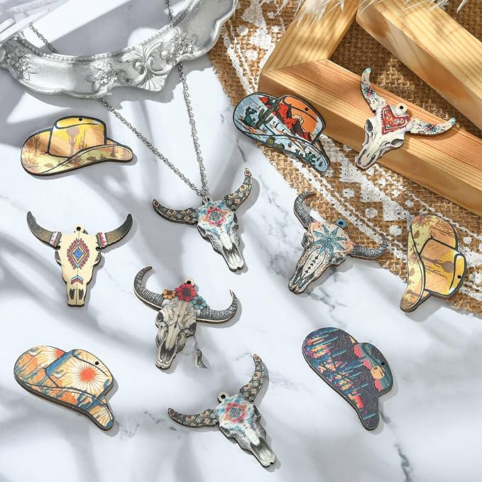 18 pcs 9 Styles Western Cattle Theme Wood Cutout Charms Cow Cap Hat Animal Wood