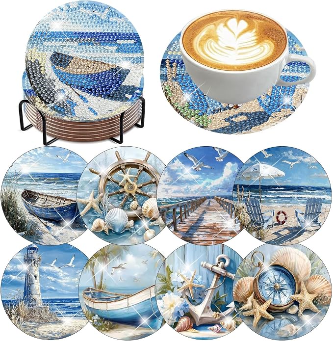 8 Pack Beach Diamond Art Coasters, Seaside Diamond Painting Coasters Kits |