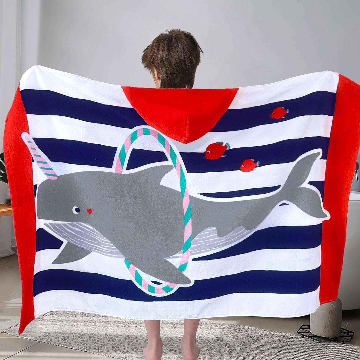 VOOVA & MOVAS Hooded Beach Towels for Kids,(3-10 Years, 30''X50),Absorbent 100% Cotton Towel Wrap for Boys, Perfect for Toddler Beach, Pool, Bath, Swimming, Hula-Hooping Narwhal