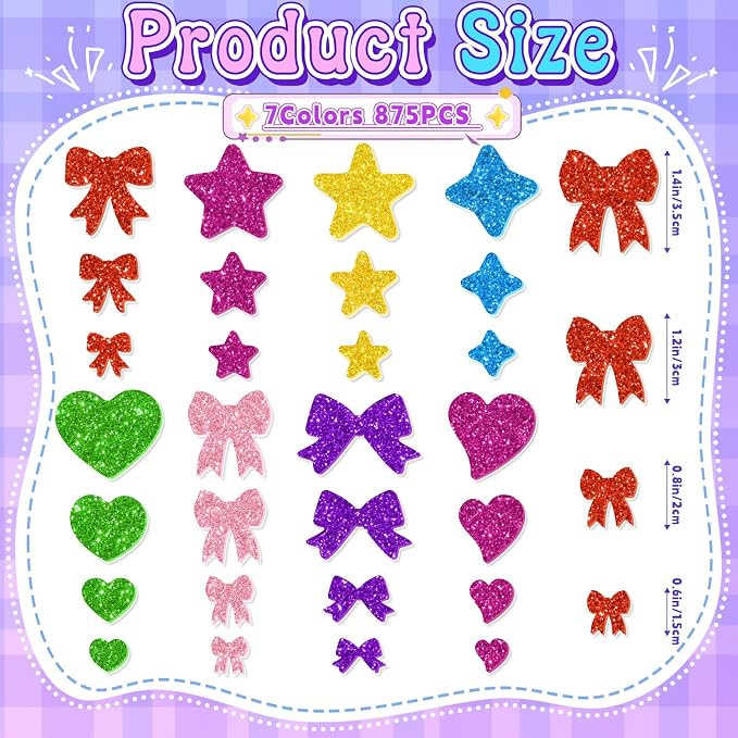 875PCS Glitter Foam Stickers, Colorful Heart & Star & Bow Stickers,