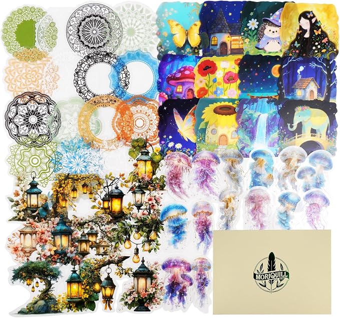 60PCS PET Stickers – Whimsical Mandala Florals, Fantasy Animals & Vintage Lamps