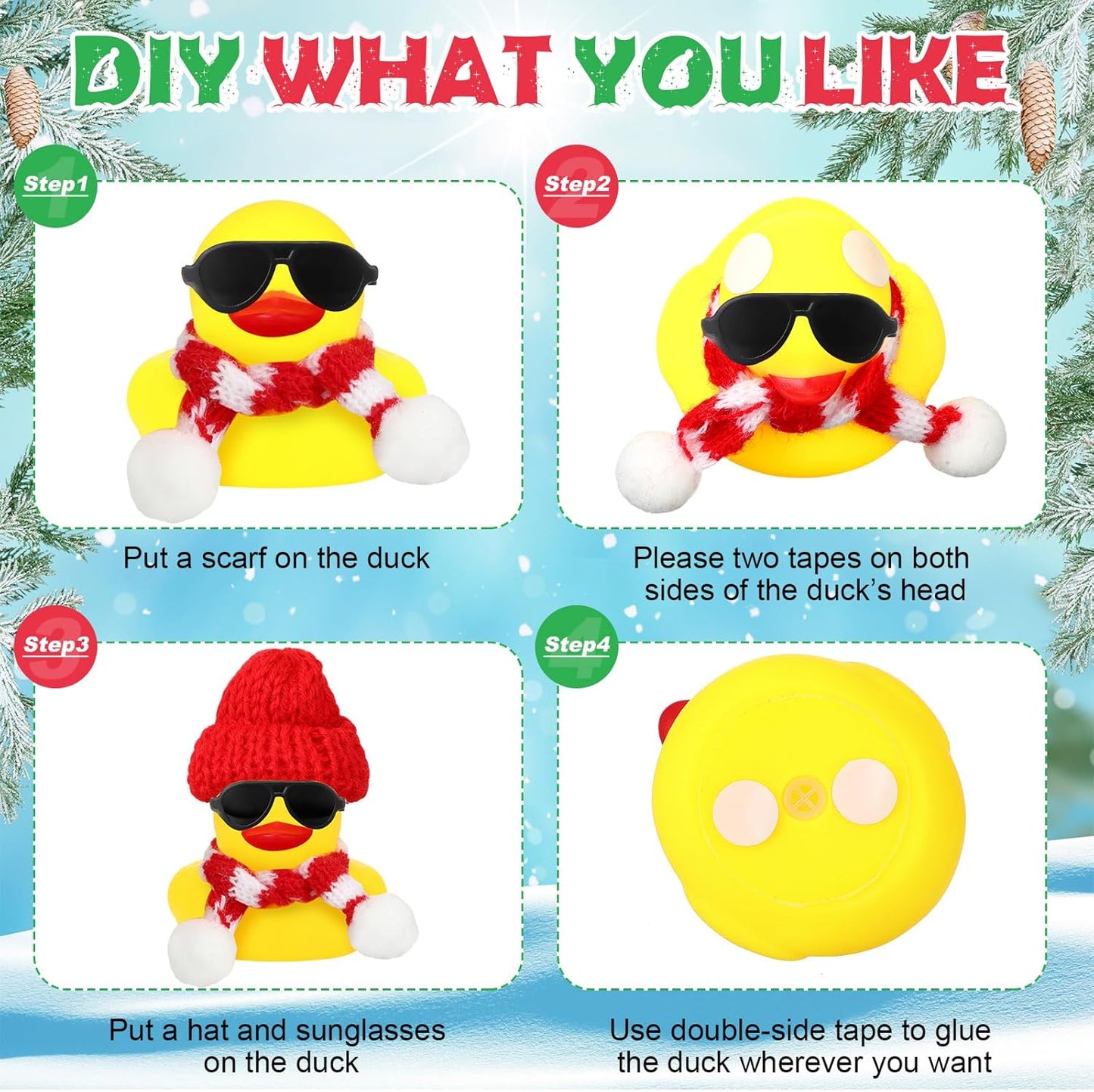 Syhood 24 Sets Christmas Mini Rubber Duck Bulk with Sunglasses Scarf Hats and Adhesive Dots Duckies Bath Toy Xmas Decor for Christmas Winter Gift Cruise Birthday Party (Classic Hat)