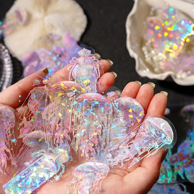 120 Pcs Holographic Glitter Jellyfish Ocean Life Stickers