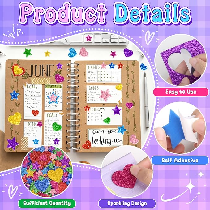 1000PCS Glitter Foam Stickers, Colorful Heart & Star Stickers, Self-Adhesive