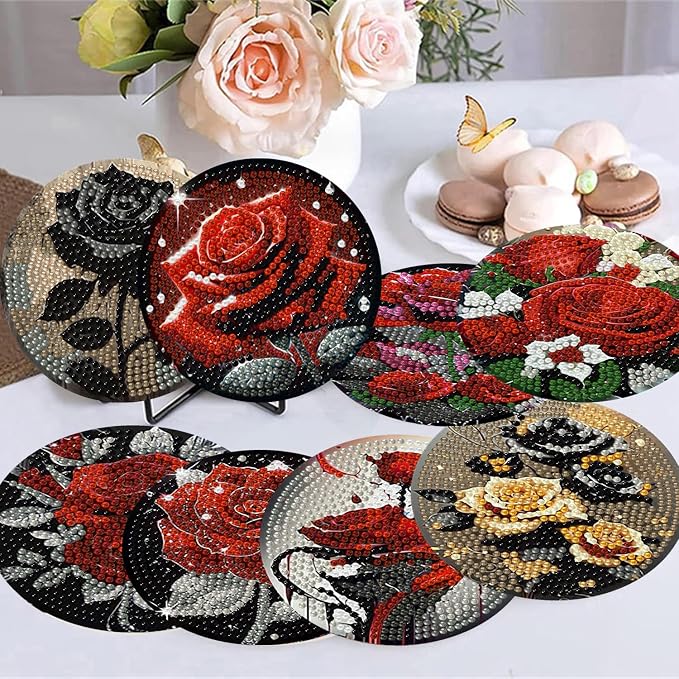 8 Pack Diamond Art Coasters, Rose Flowers Diamond Painting Coasters Kits |