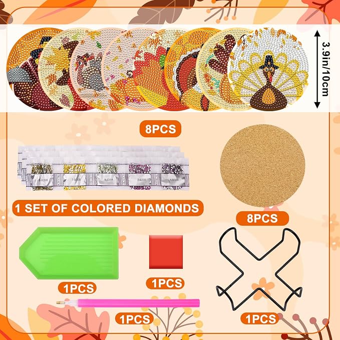 UPINS 8Pcs Fall Diamond Art Coasters